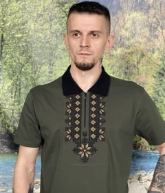 Прикольные футболки: поло Вишиванка ОБЕРІГ хакі